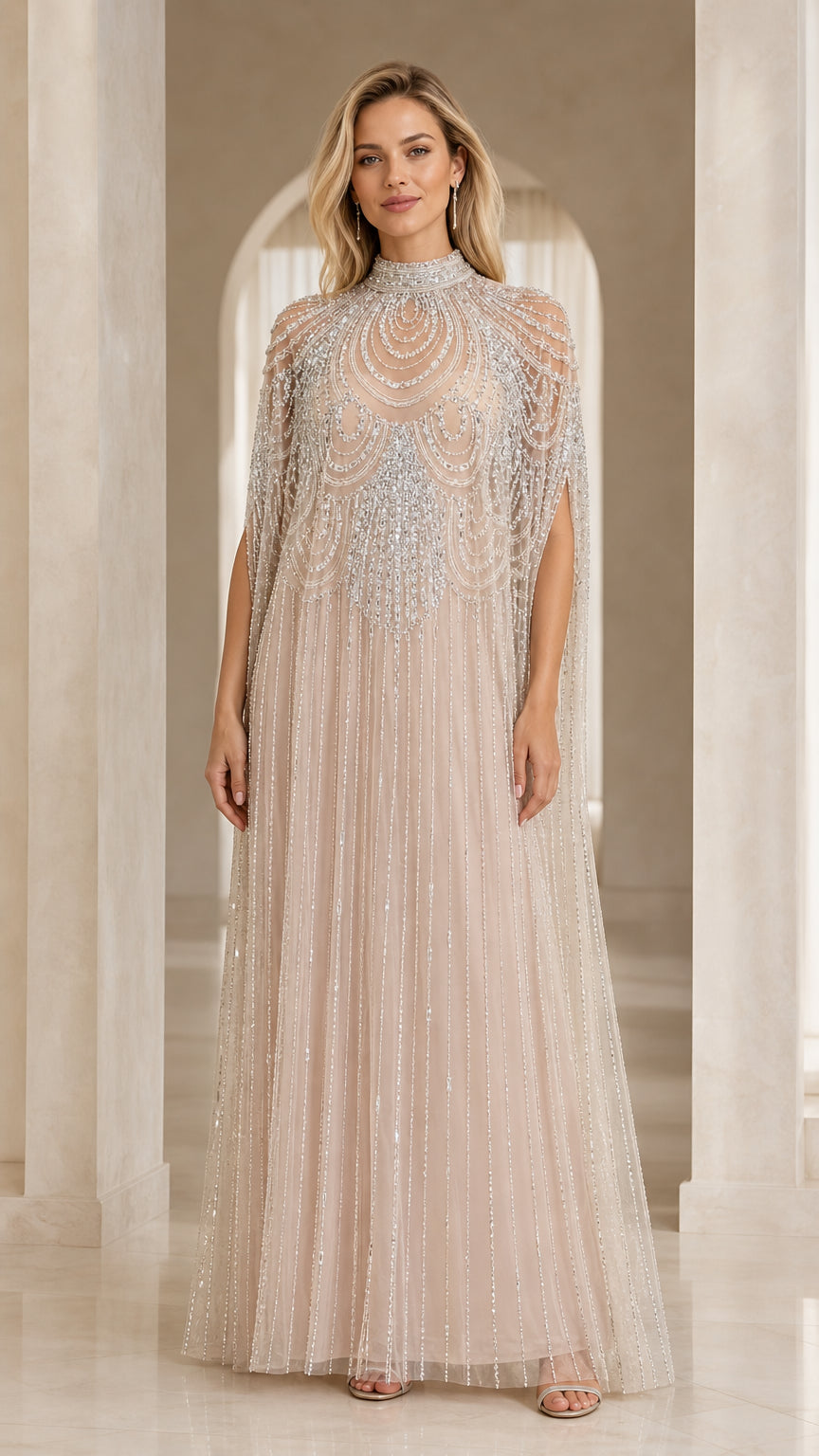 Champagne beaded cape evening gown full front view
