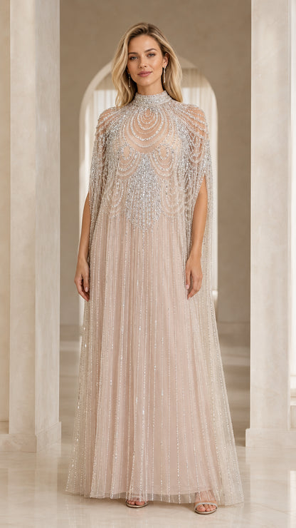 Champagne beaded cape evening gown full front view