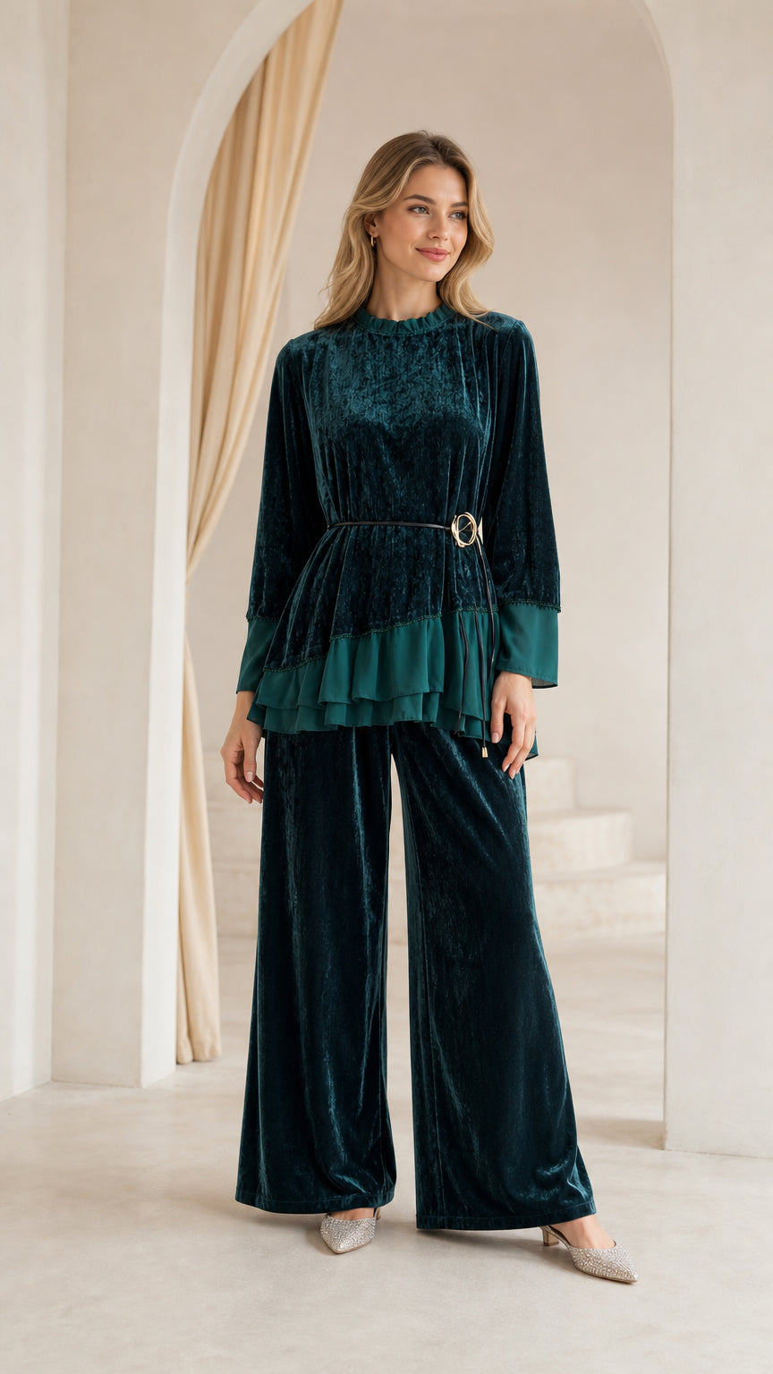 Front full view of woman wearing dark green crushed velvet two-piece pant set with belted ruffle top