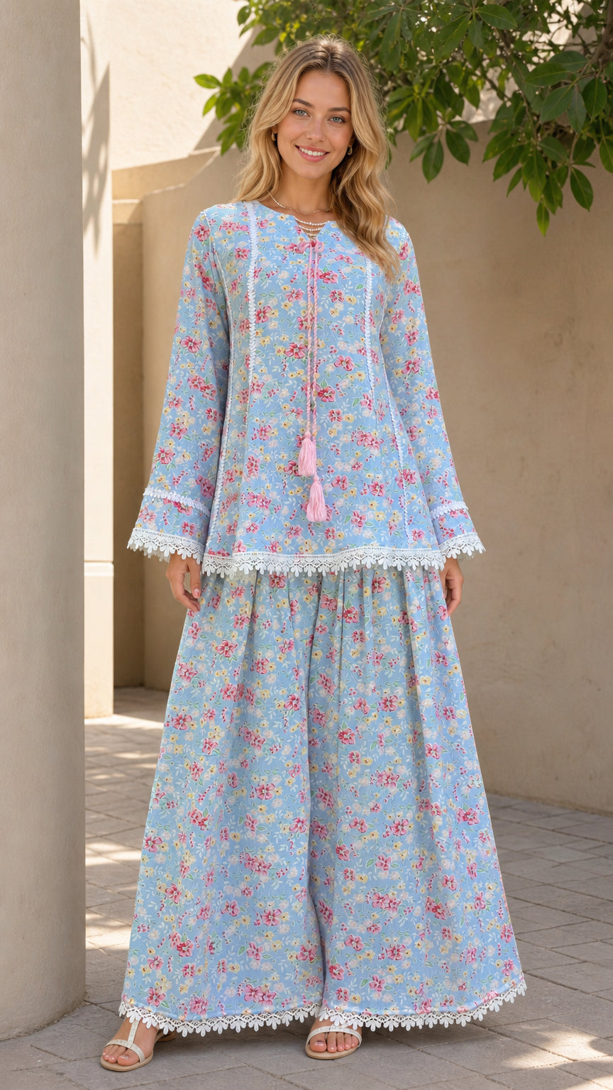 Front view of model wearing light blue floral long sleeve tunic and wide-leg pants set