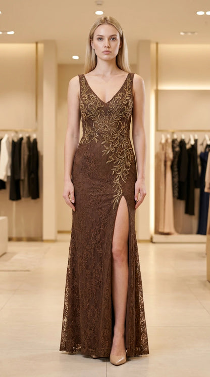 Front view of brown sequin embroidered lace evening gown with high slit