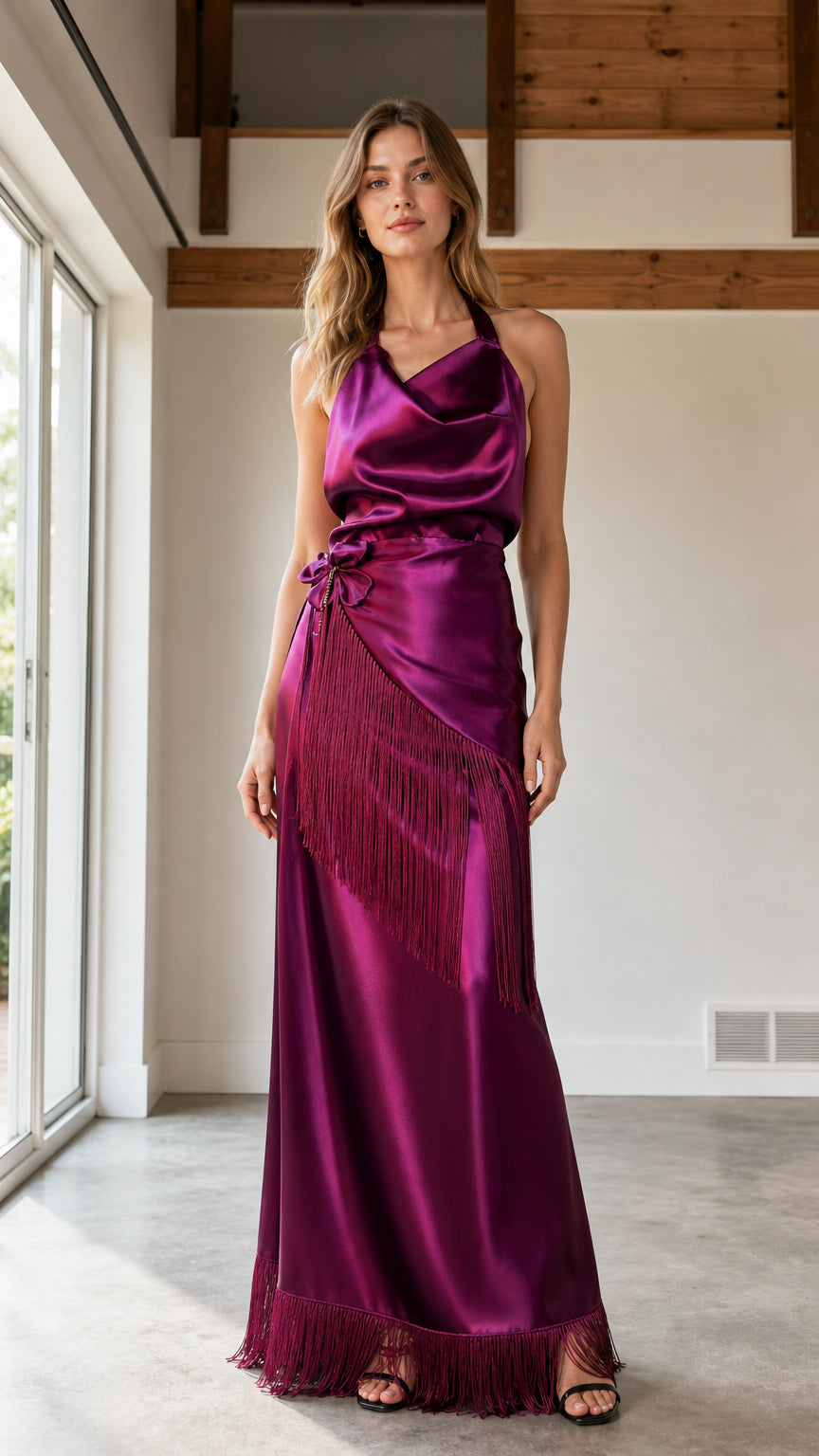 Front view of magenta satin halter neck fringed maxi dress