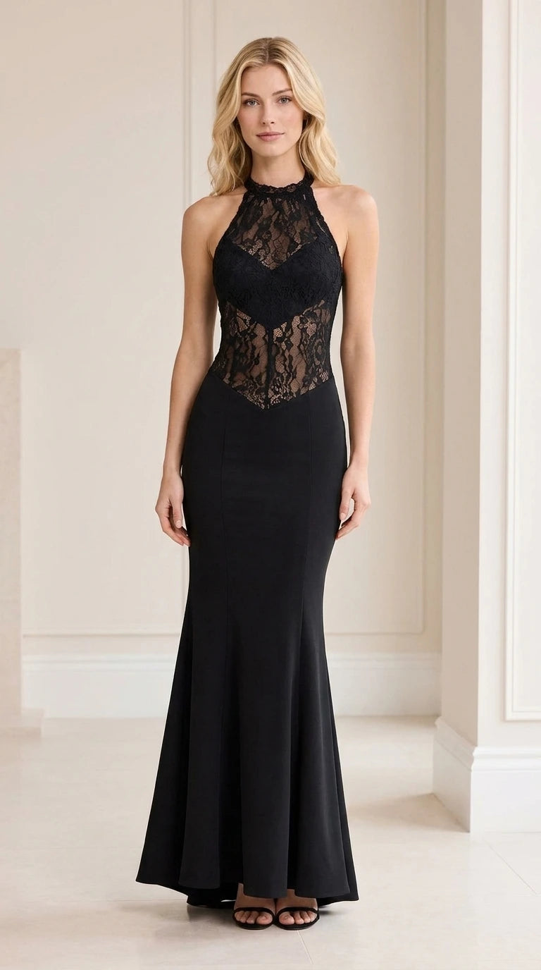 Front view of black halter neck lace evening dress