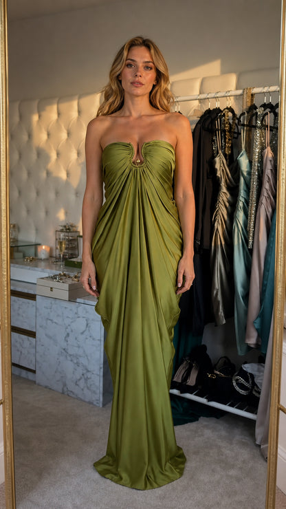 Model wearing olive satin strapless draped evening dress front view