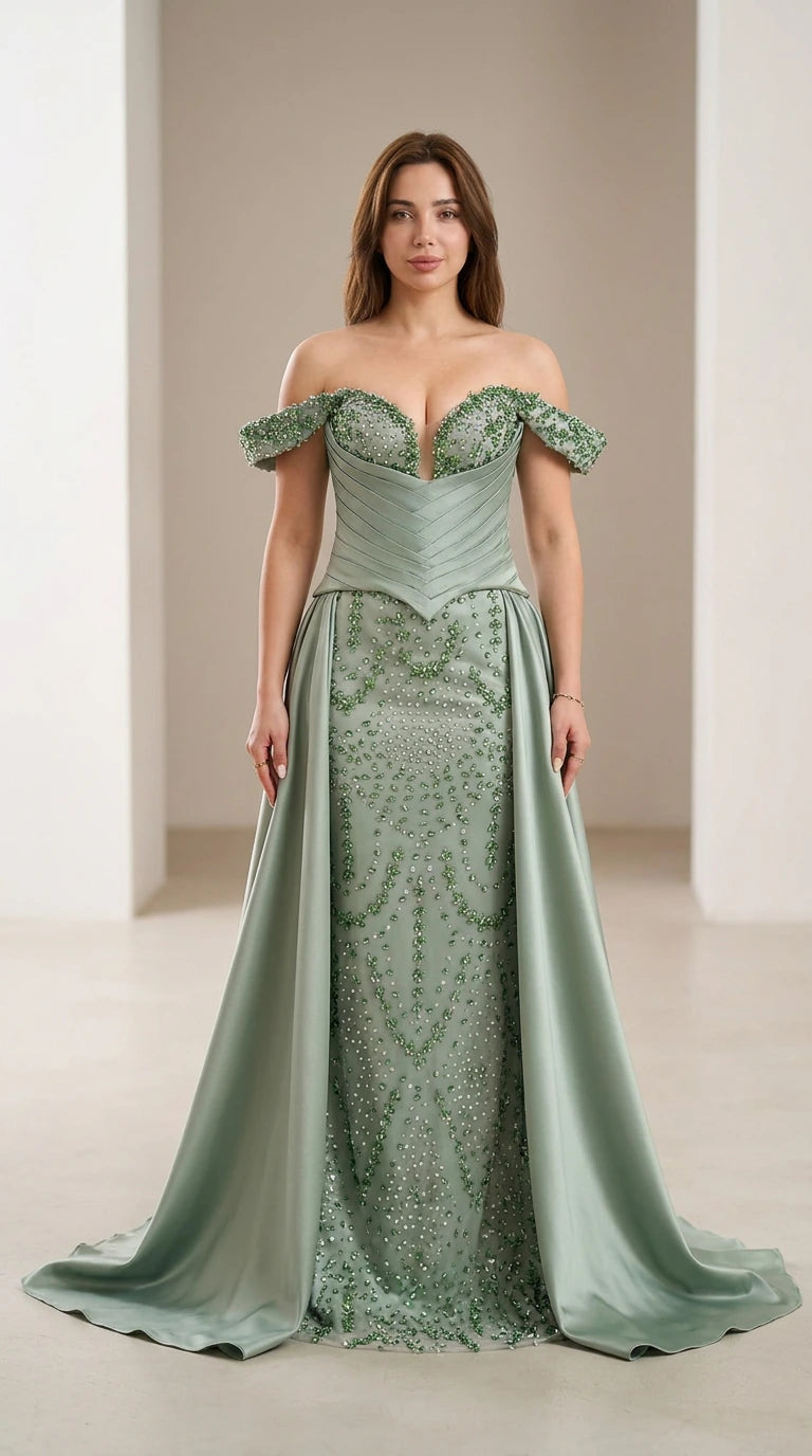 Front view of sage green beaded evening gown