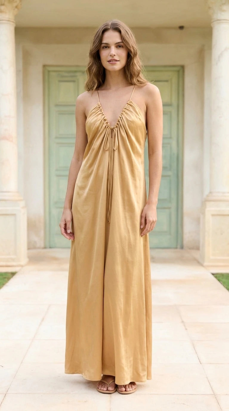 Front view of model wearing champagne spaghetti strap maxi dress