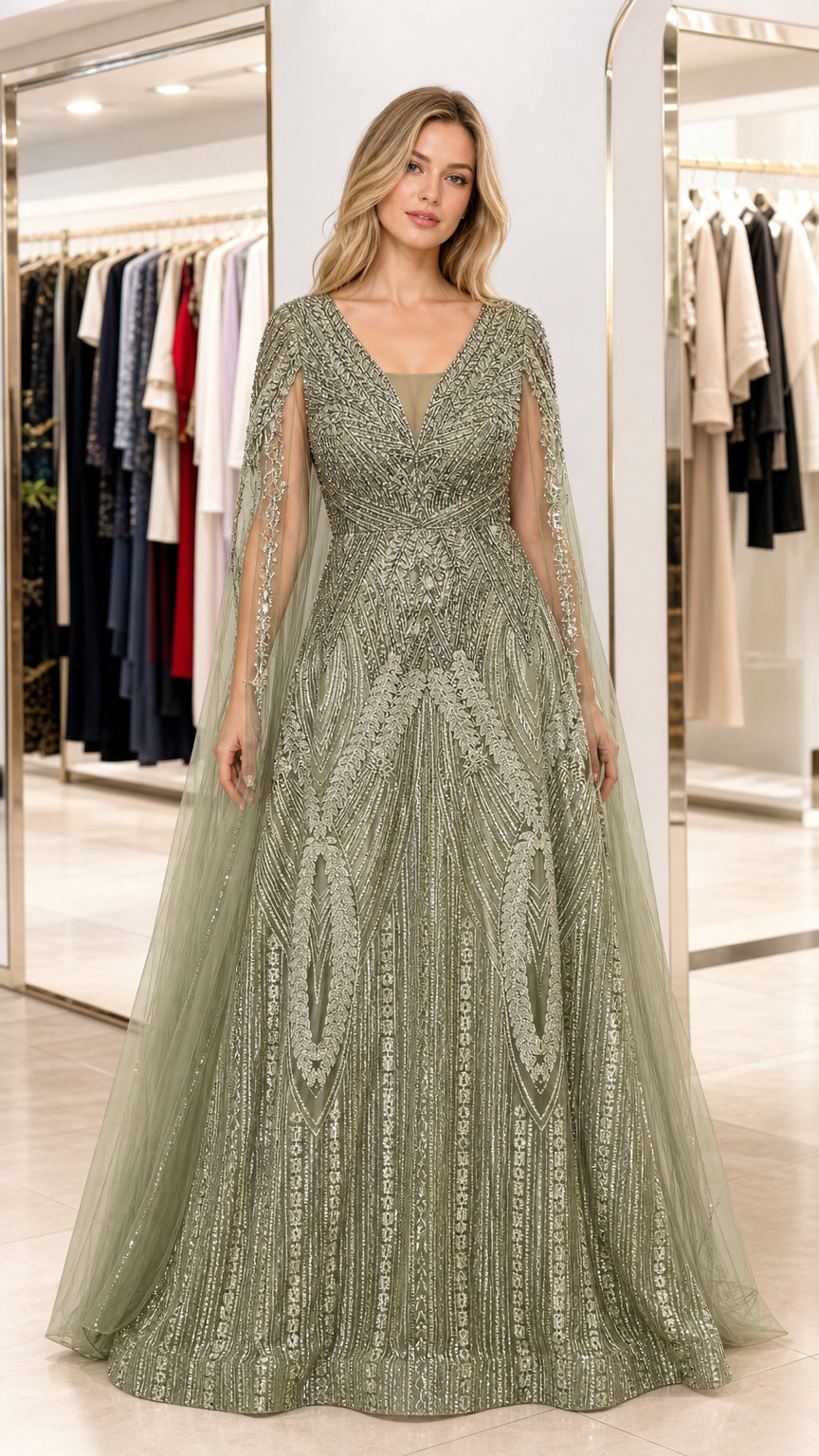 Front view of woman wearing sage green sequin cape sleeve evening gown