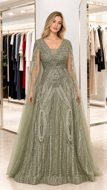 Front view of woman wearing sage green sequin cape sleeve evening gown