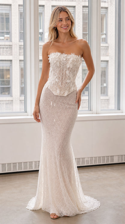 Front view of white strapless 3D floral lace mermaid evening dress