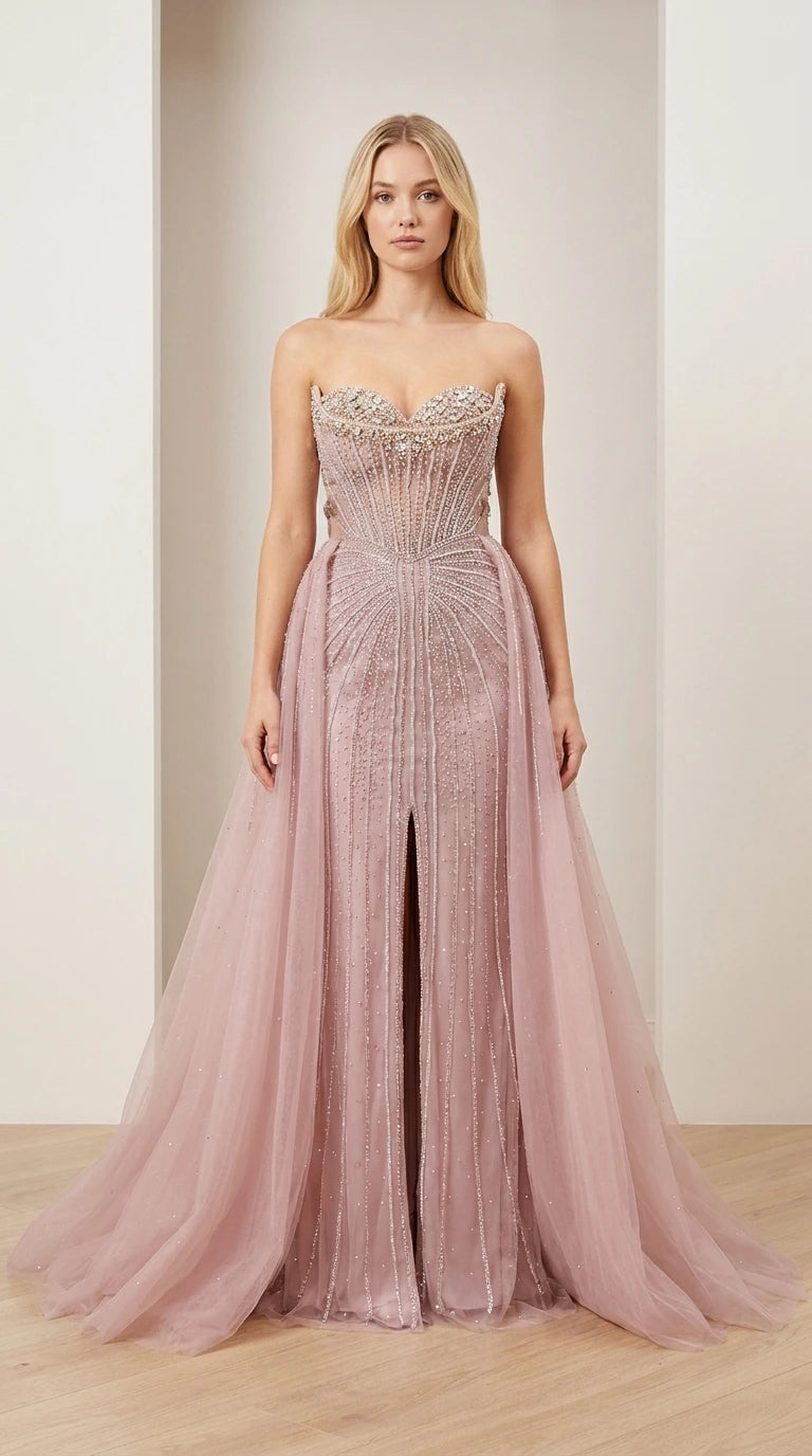 Front view of Dusty Rose embellished strapless ball gown with tulle overdress