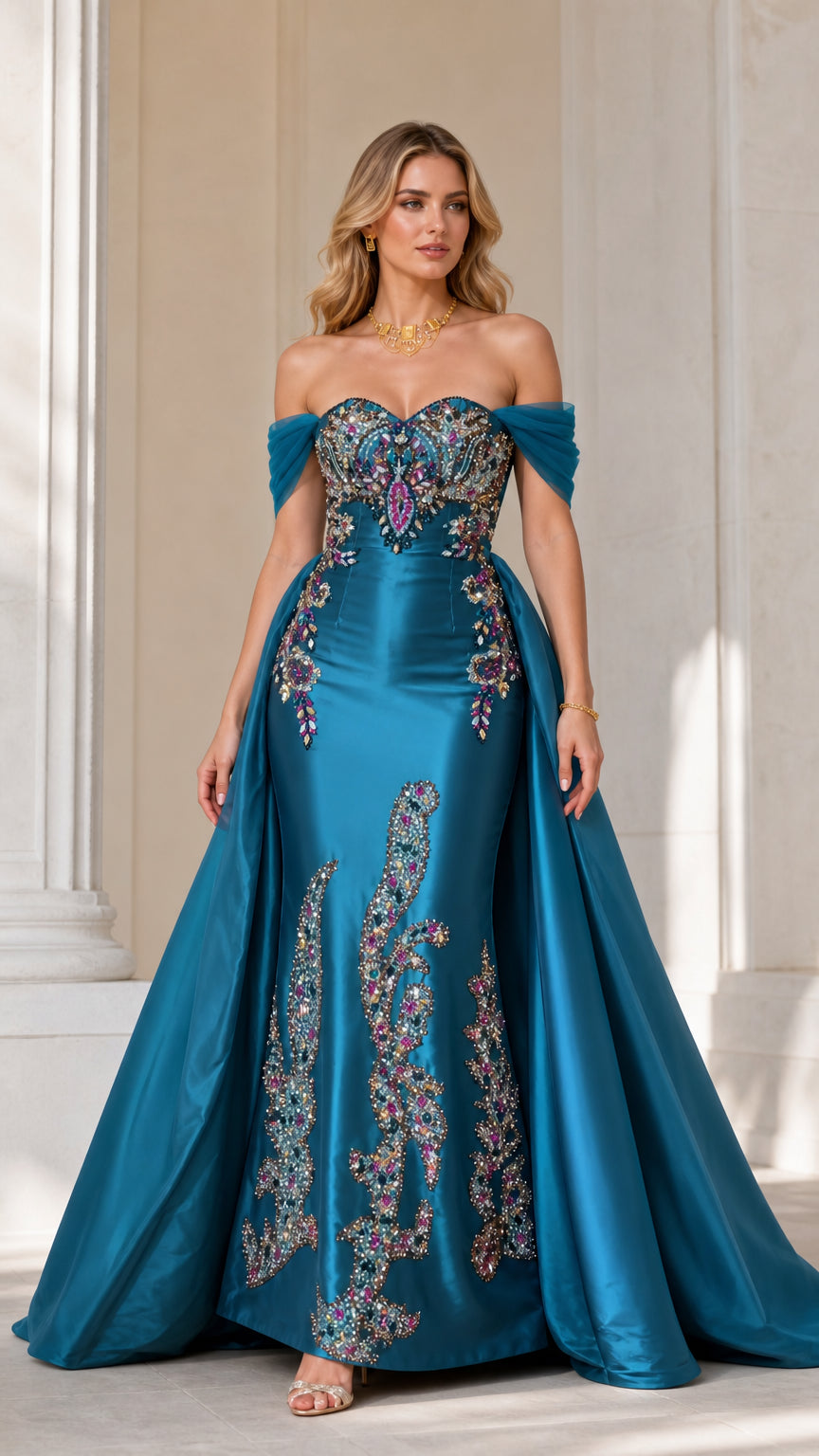 Front view of teal off-the-shoulder beaded mermaid evening gown with overskirt