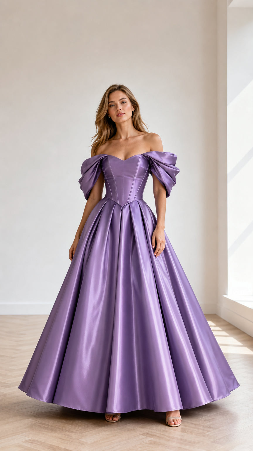 Lavender off-shoulder satin-look ball gown shown from the front