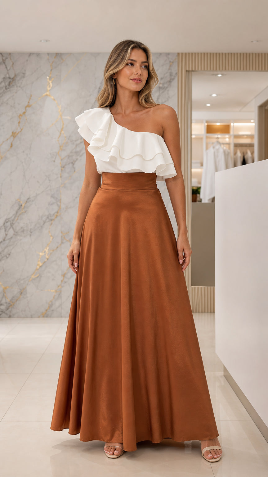 Front view of woman wearing caramel brown one-shoulder ruffle maxi dress