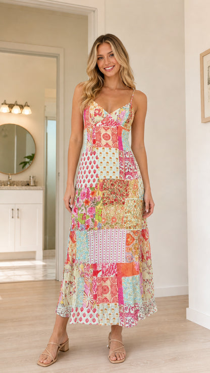 Front view of multi color patchwork midi slip dress