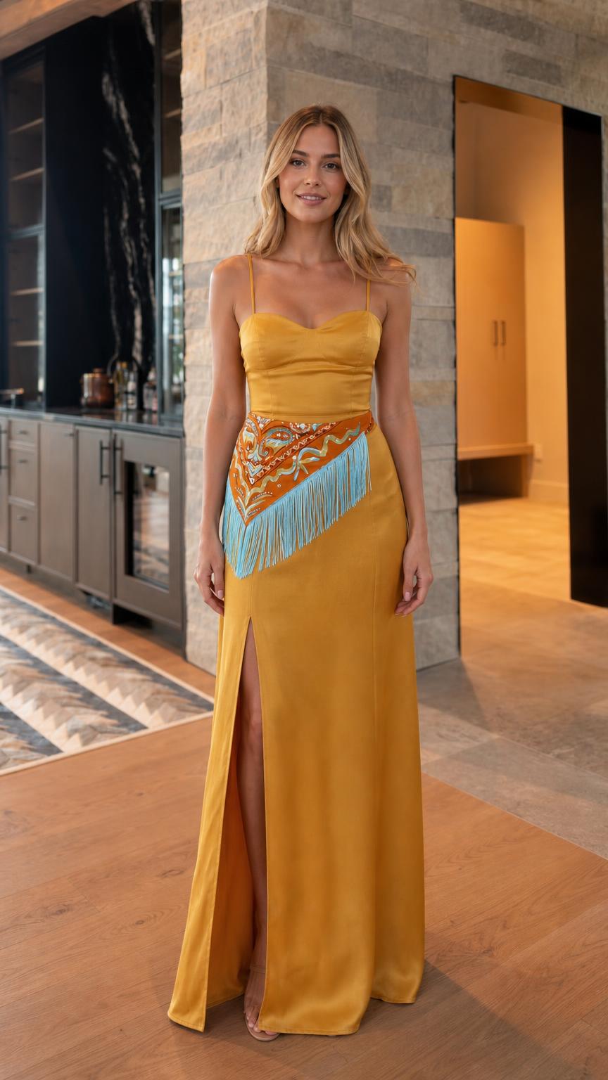 Front view of yellow satin evening gown with beaded fringe waist