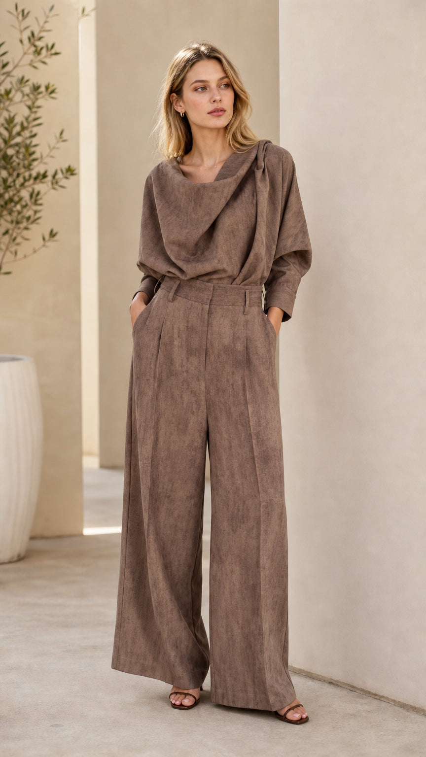 Taupe cowl neck blouse and matching high-waist pleated wide leg pants set front view