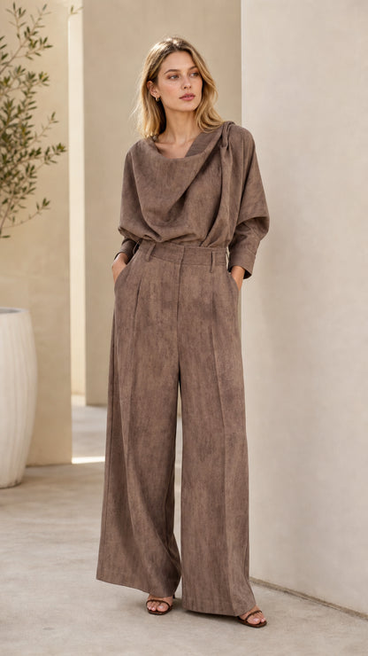 Taupe cowl neck blouse and matching high-waist pleated wide leg pants set front view