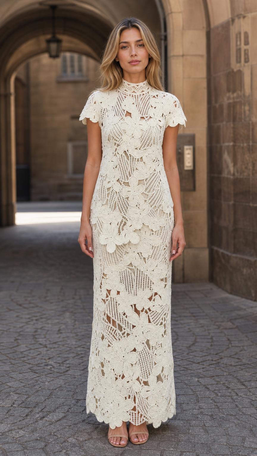 Front view of ivory floral crochet lace maxi dress