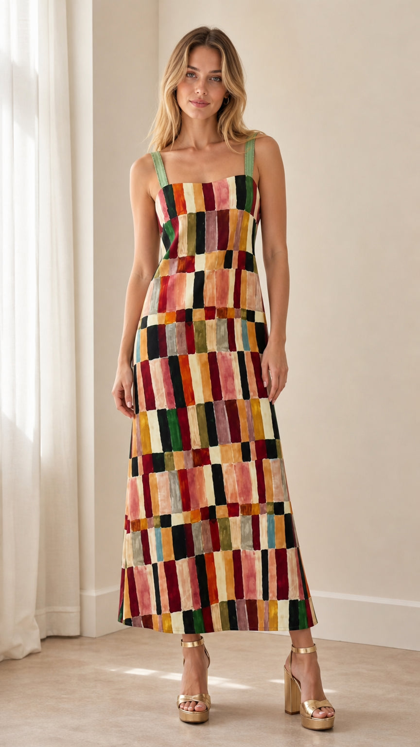 Front view of woman wearing multi-color geometric patchwork square neck sleeveless maxi dress