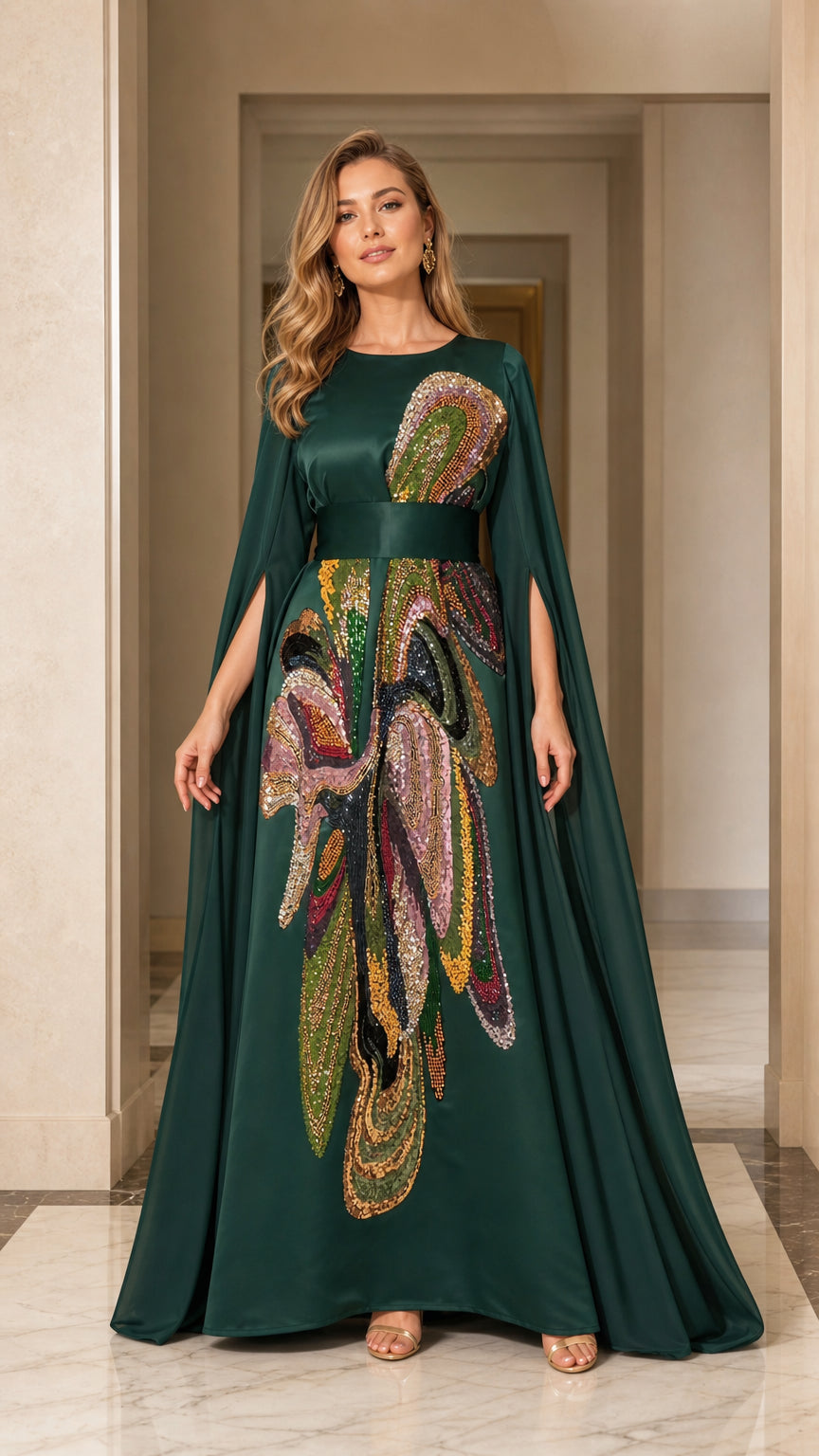 Front view of emerald green evening dress with cape sleeves