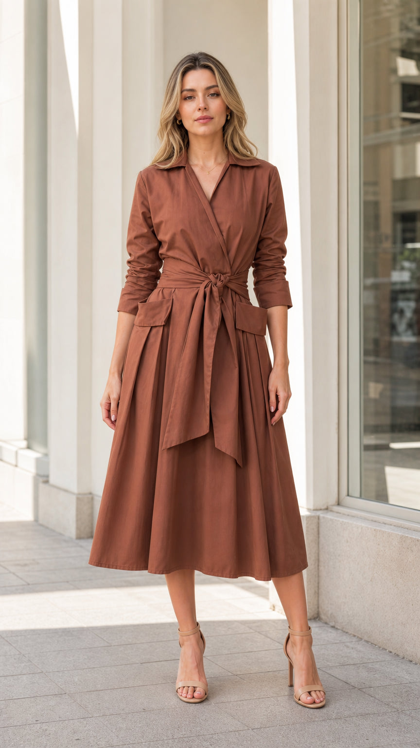 Front view of woman wearing brown lapel midi trench dress