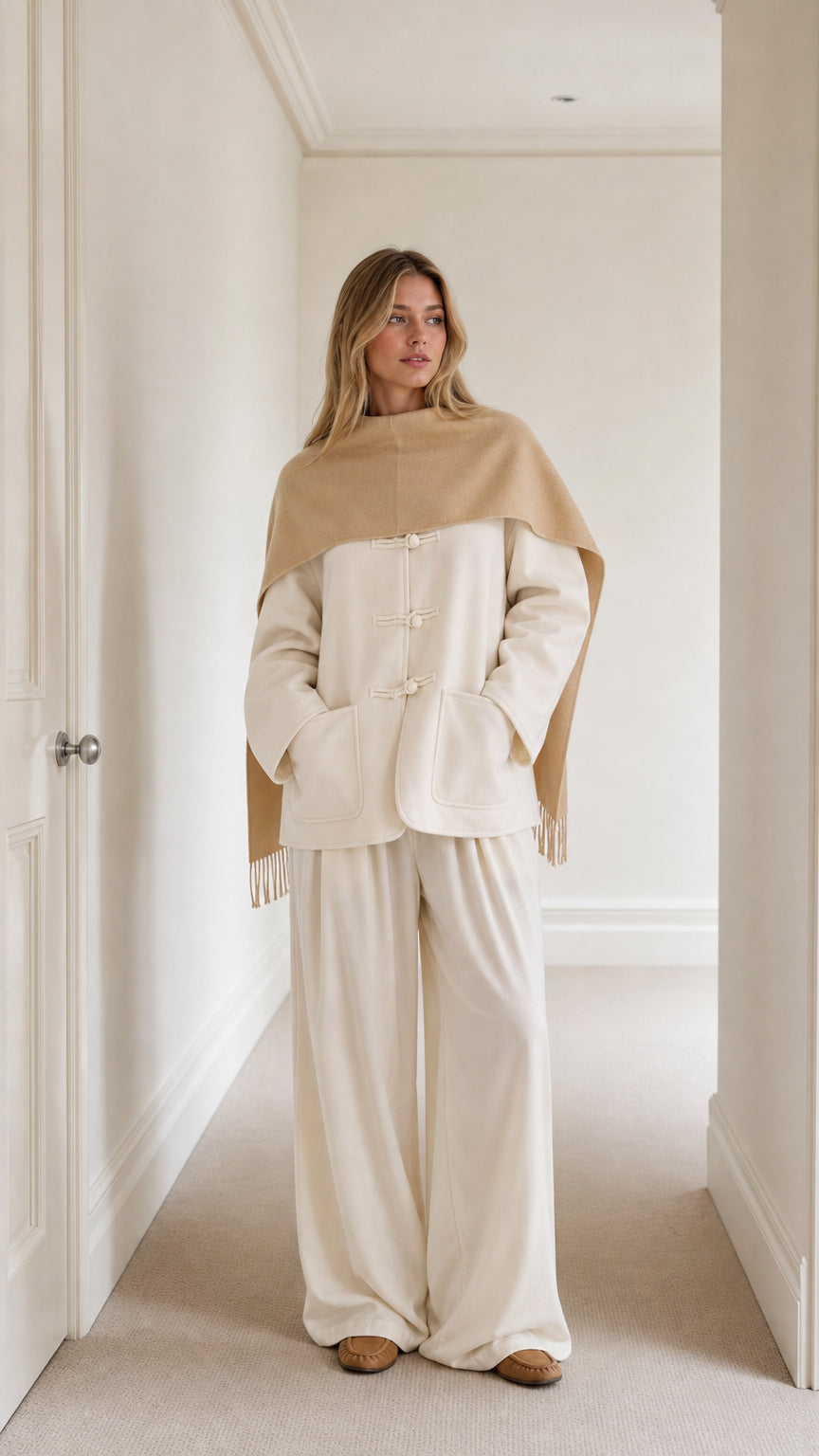 Front view of model wearing cream toggle button jacket, wide-leg trousers, and camel fringed shoulder cape