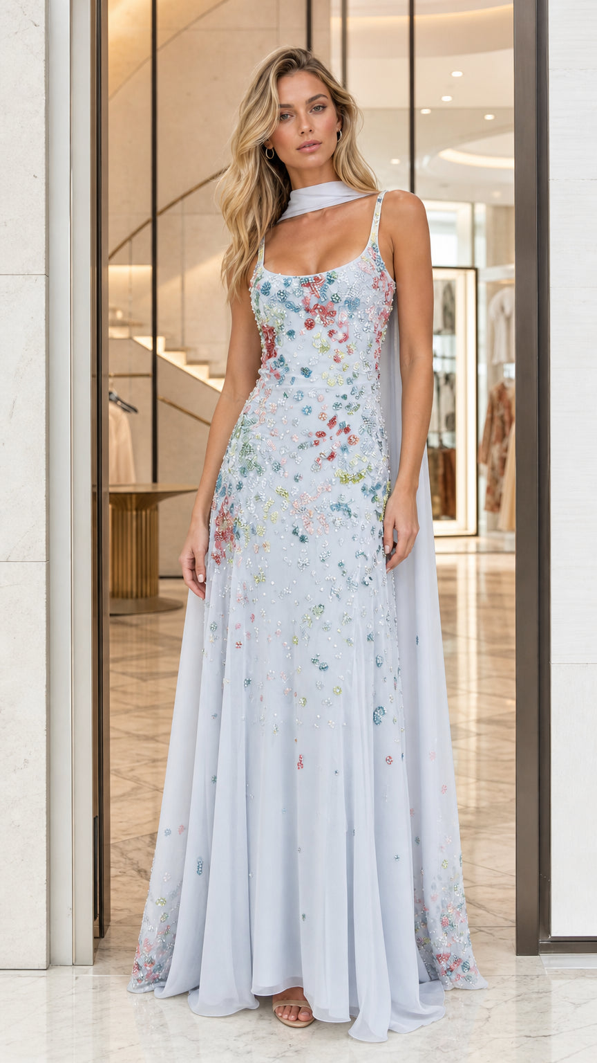 Light Blue Embellished Floral Applique Sleeveless Maxi Dress Front View