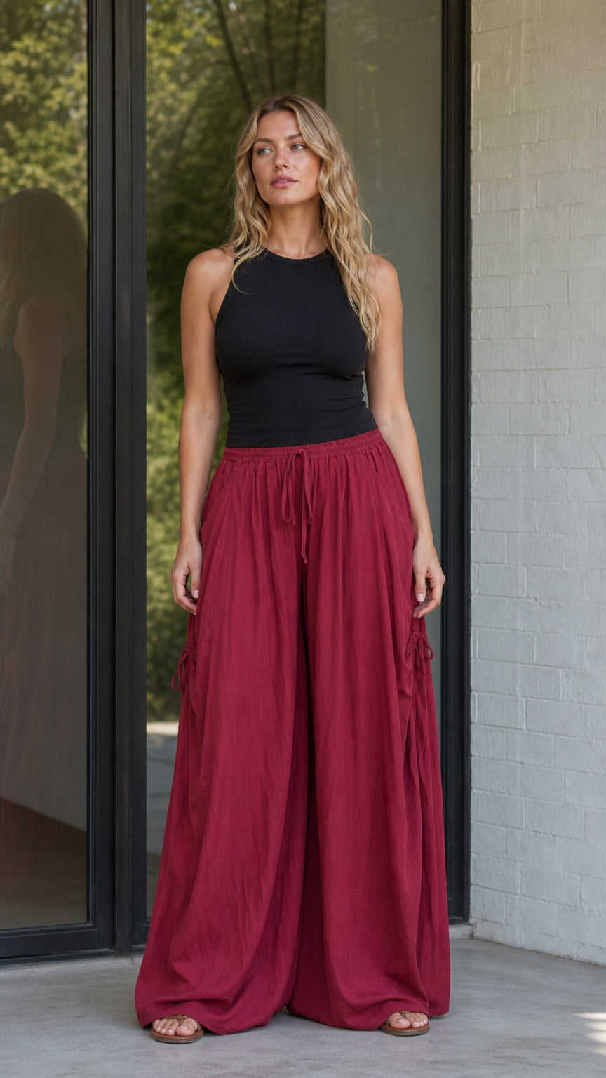 Front view of woman wearing burgundy wide-leg drawstring pants