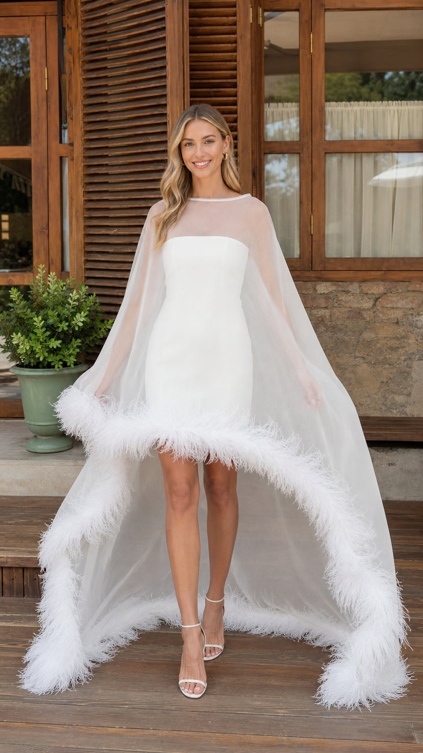 White sheer tulle cape mini dress with feather trim front view