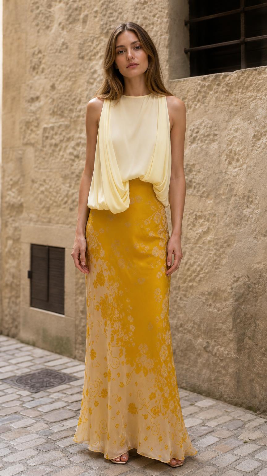 Front view of yellow draped sleeveless maxi dress