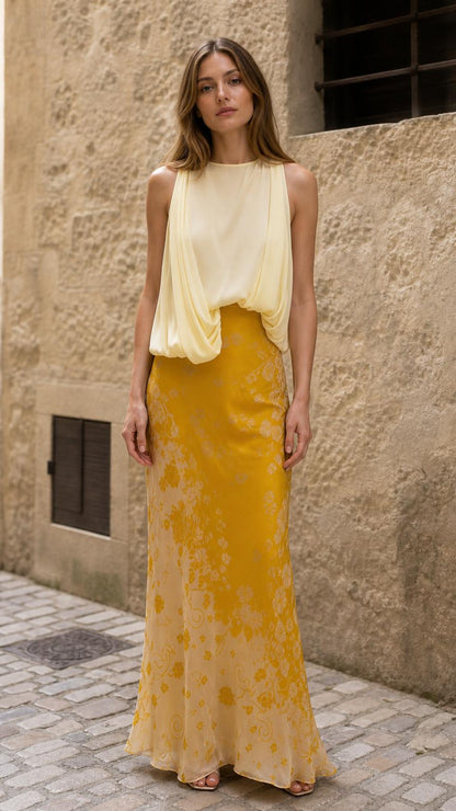 Front view of yellow draped sleeveless maxi dress