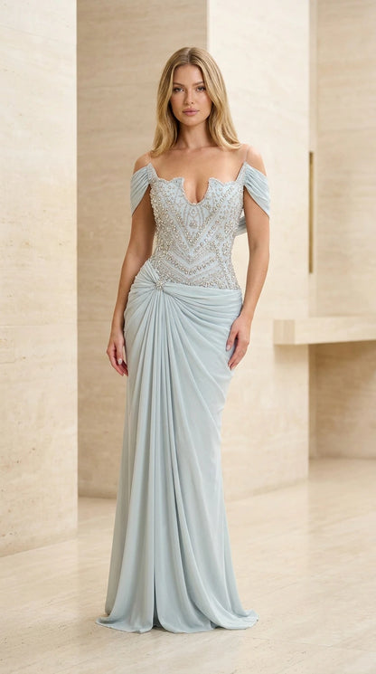 Front view of model wearing ice blue off-the-shoulder beaded evening gown