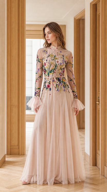 Full front view of blush floral embroidered high neck tulle maxi dress with bell sleeves