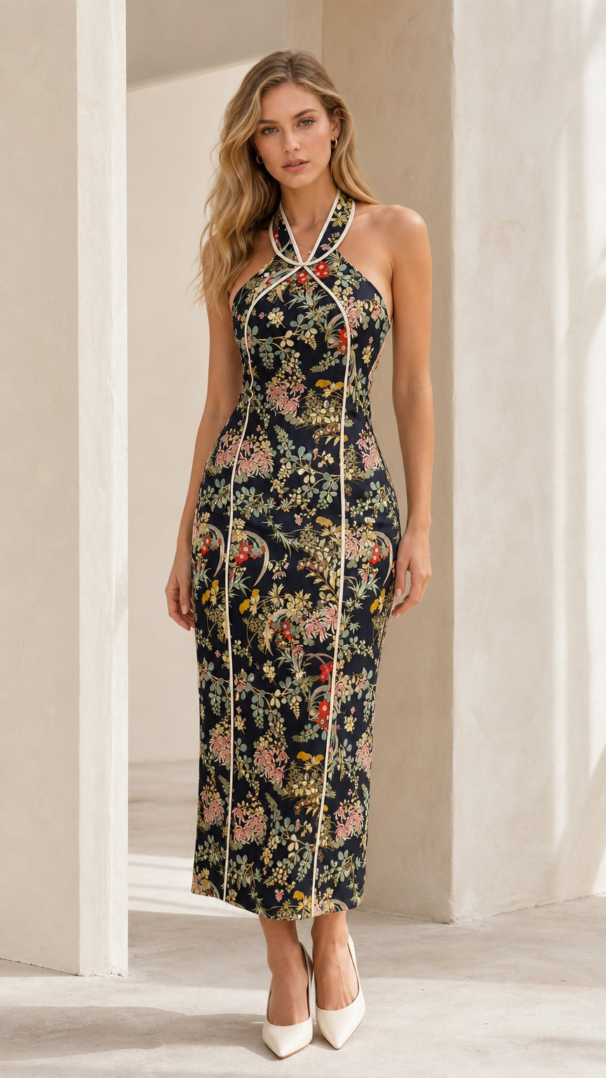 Model wearing navy floral print halter neck midi dress front view