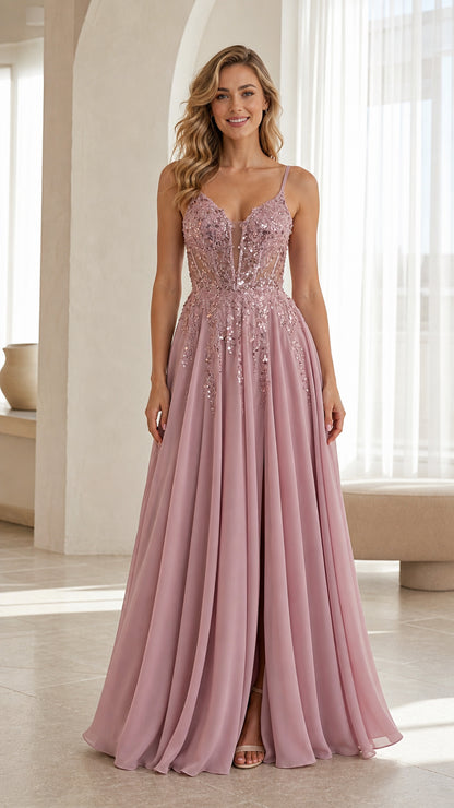 Front view of mauve sequin long evening dress