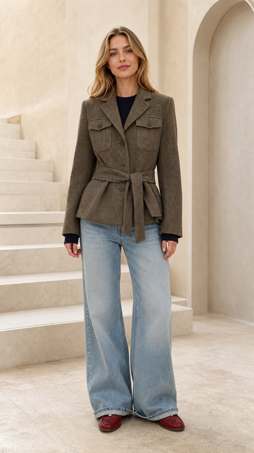 Front full view of woman wearing olive herringbone belted blazer jacket with wide-leg jeans