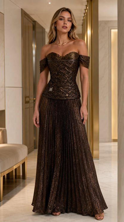 Front view of model wearing bronze metallic off-shoulder corset gown