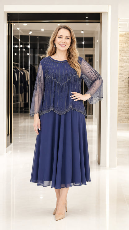 Full front view of navy beaded chiffon midi dress