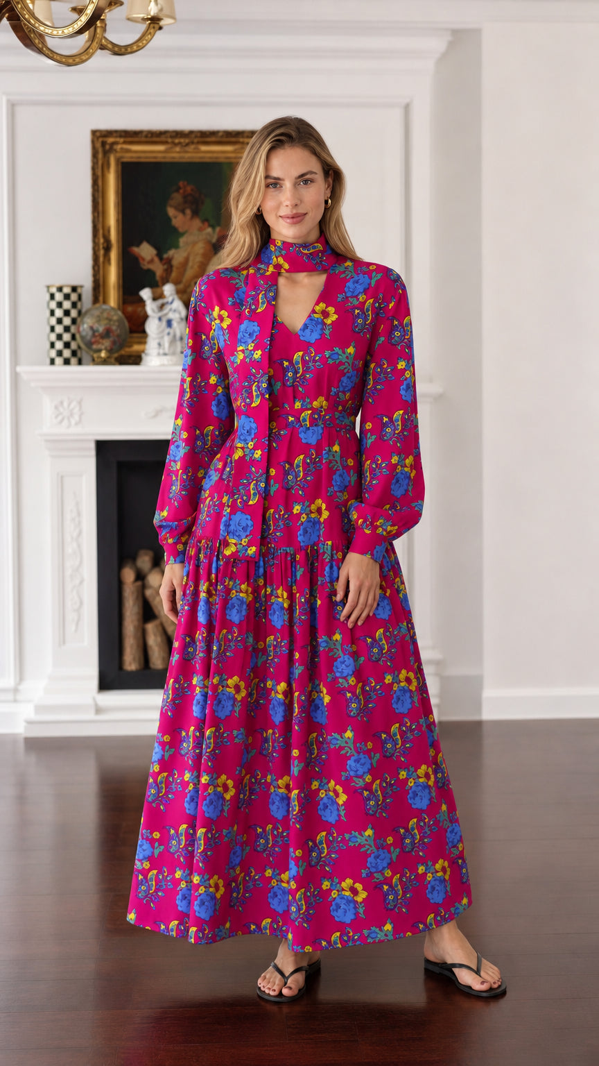 Front view of woman wearing fuchsia floral long-sleeve maxi dress