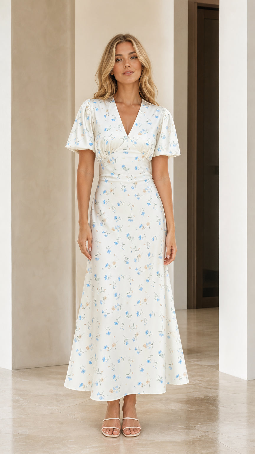 Front view of woman wearing white floral print maxi dress
