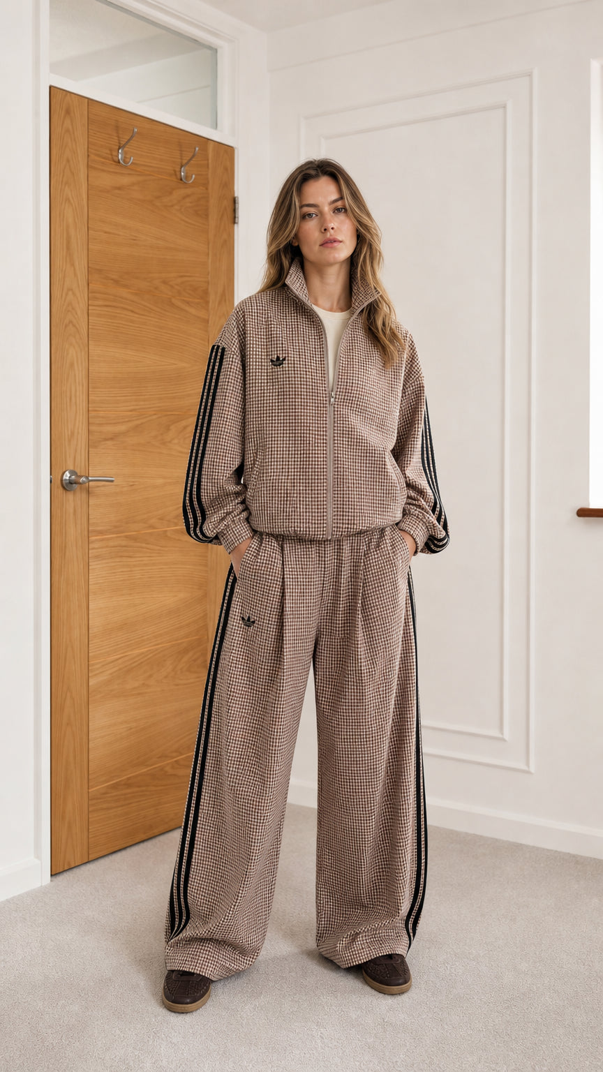 Full front view of model wearing camel houndstooth track jacket and wide-leg pants set