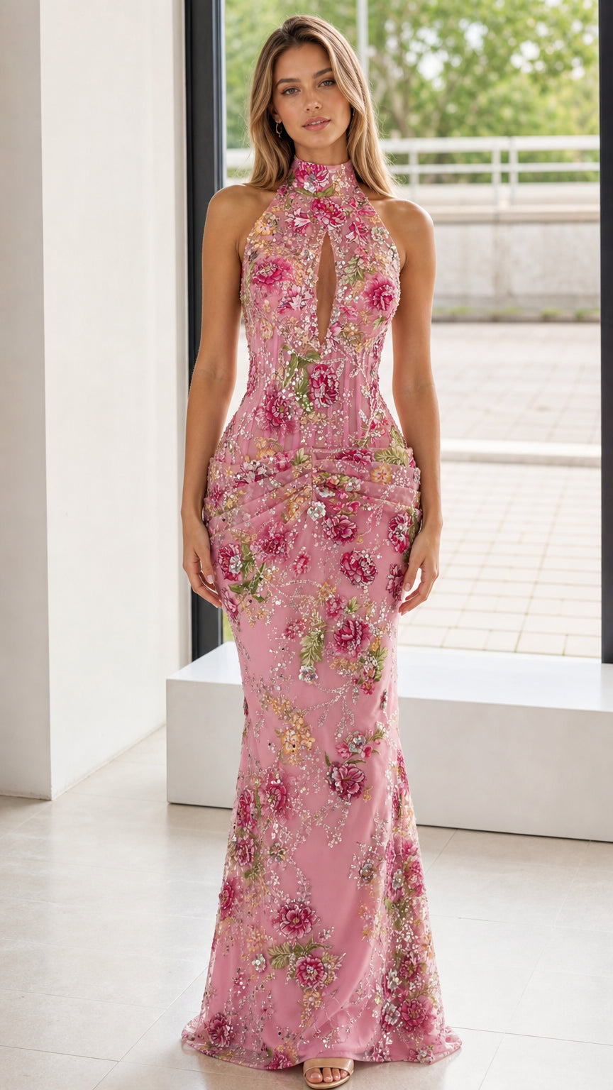 Front view of pink floral embroidered halter evening dress