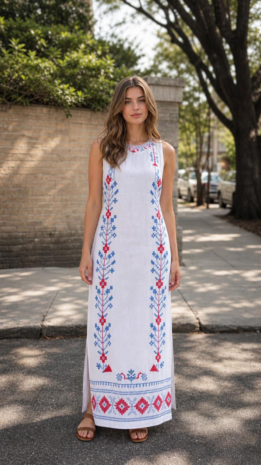 Front view of woman wearing white embroidered sleeveless maxi dress