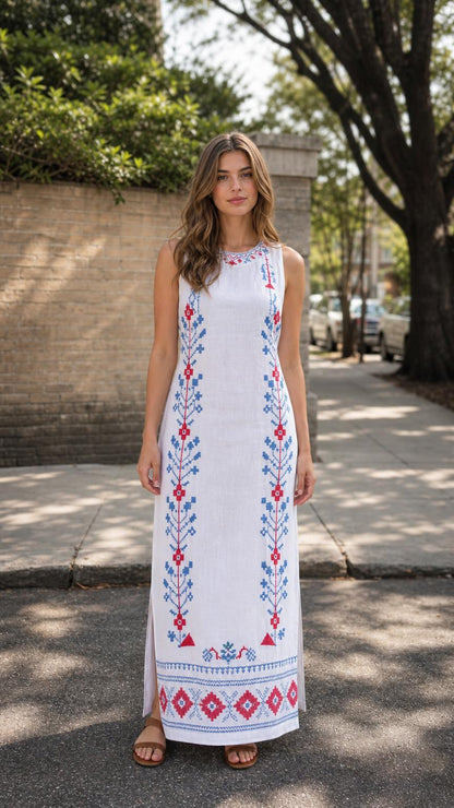 Front view of woman wearing white embroidered sleeveless maxi dress