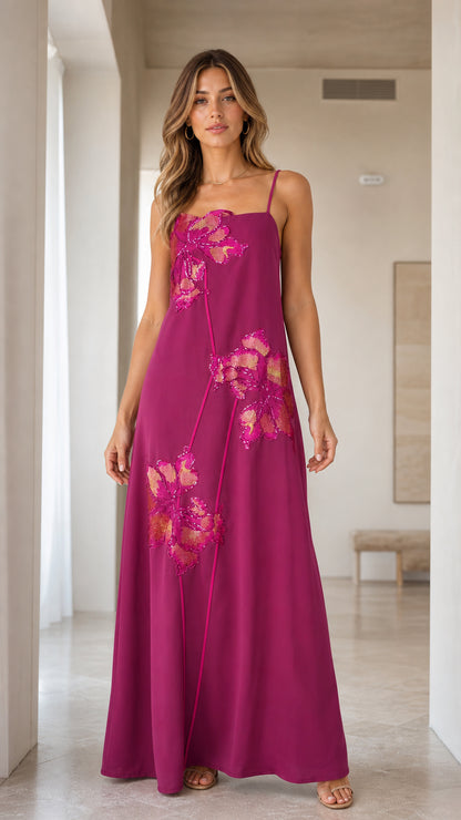 Magenta floral sequin embroidered cami maxi dress front view