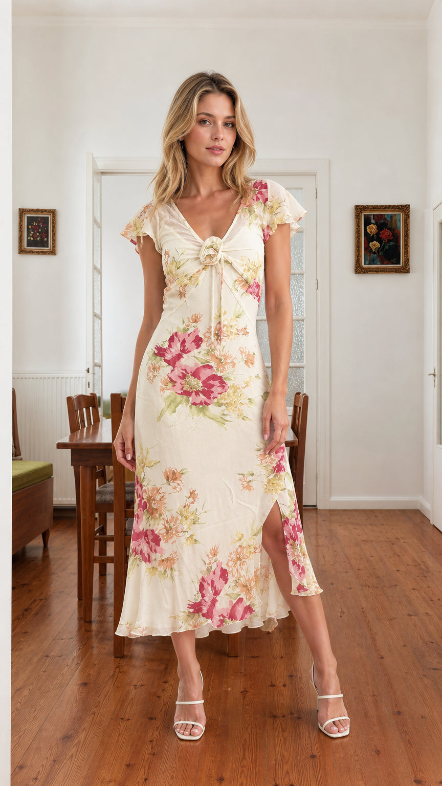 Front view of model wearing cream floral rosette flutter sleeve midi dress