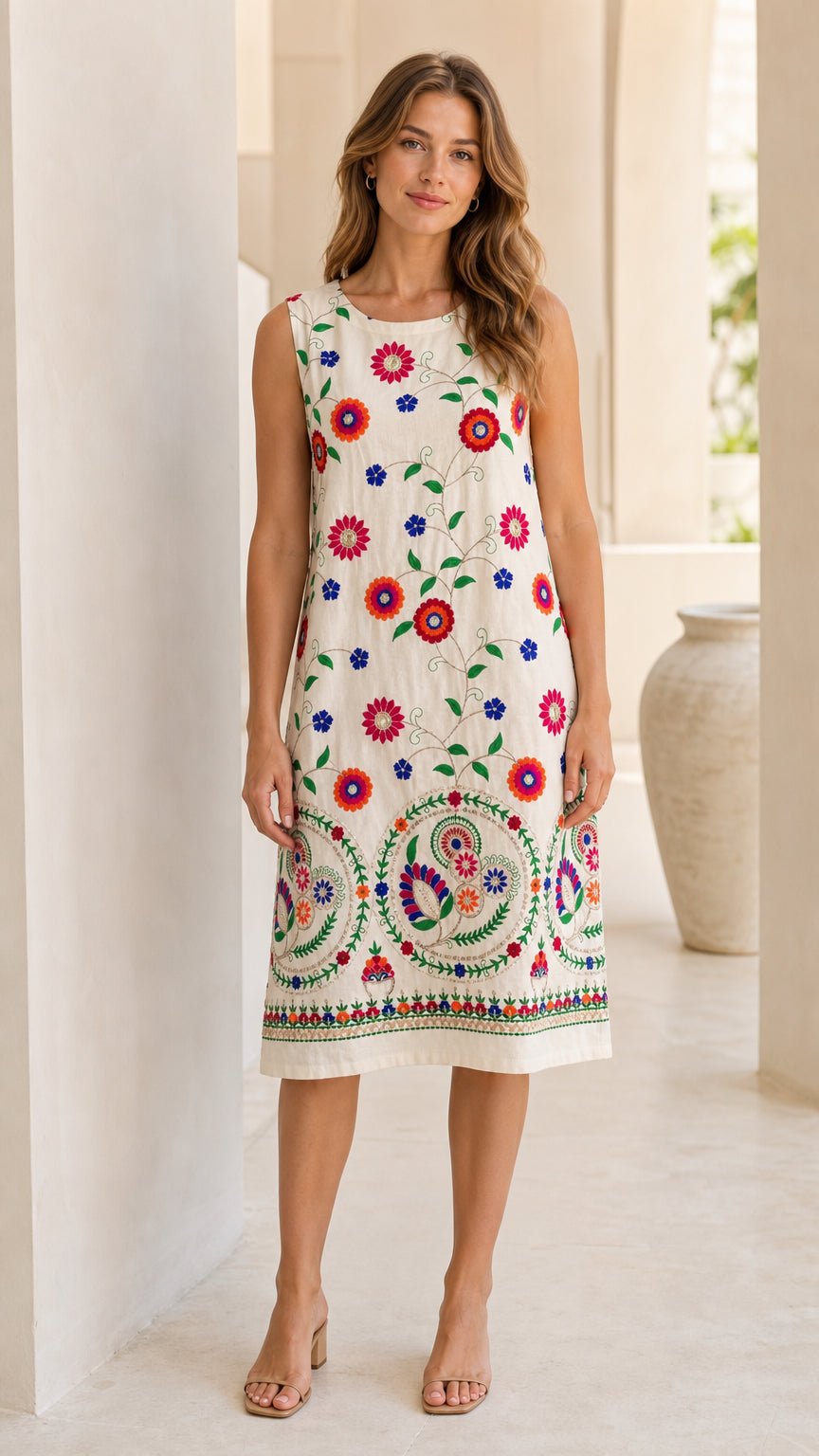 Front view of woman wearing white sleeveless shift dress with colorful floral embroidery