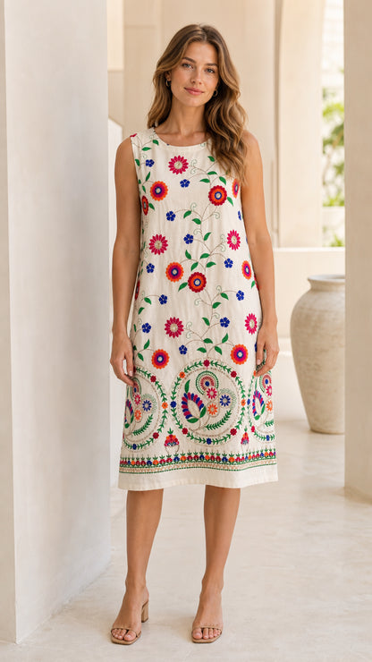 Front view of woman wearing white sleeveless shift dress with colorful floral embroidery