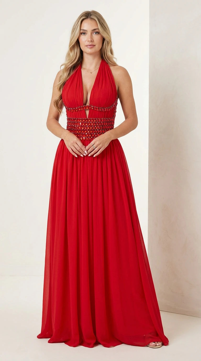 Front view of woman wearing red halter plunge beaded waist chiffon maxi gown