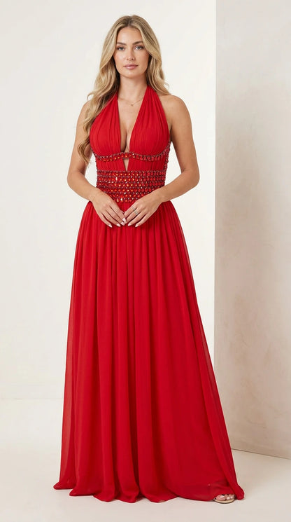 Front view of woman wearing red halter plunge beaded waist chiffon maxi gown